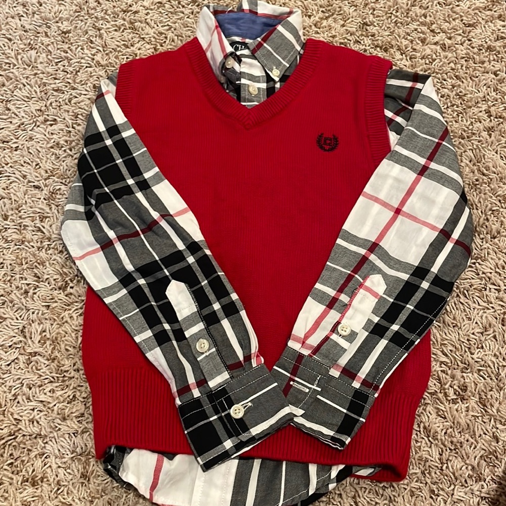Chaps Red and Black Plaid Button Down Shirt with Vest